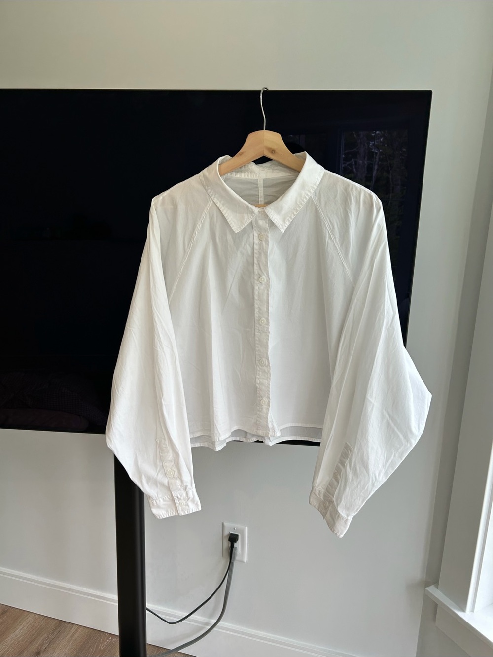 Cropped White Button-Front Balloon Sleeve Top